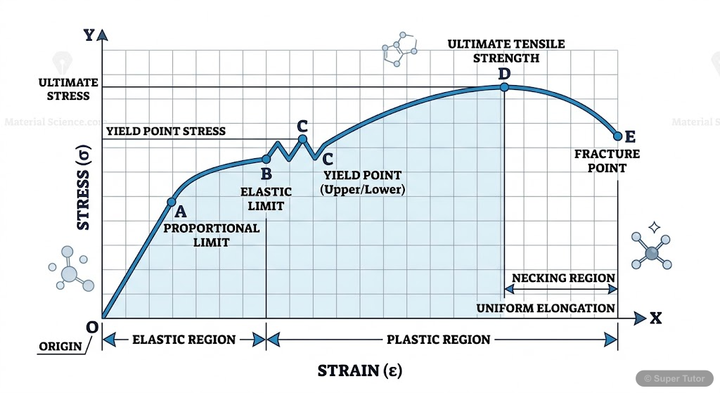 A detailed stress-strain curve for a typical ductile material, labeling key points such as the proportional limit, elastic limit, yield point (upper and lower), ultimate tensile strength, and fracture