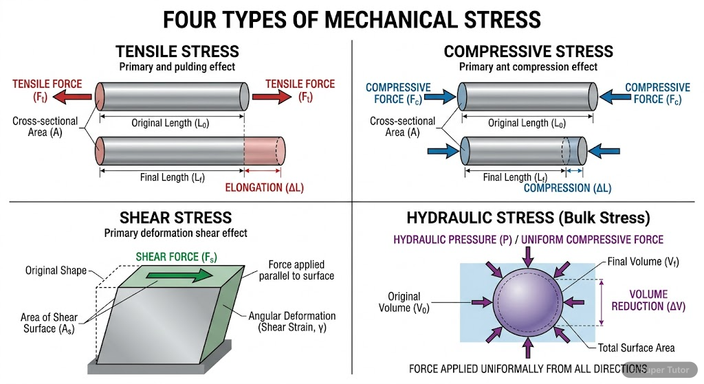A labeled diagram illustrating the four main types of stress (tensile, compressive, shear, and hydraulic) acting on a solid body, showing the direction of applied forces and the resulting internal res