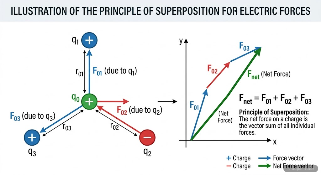 A labeled diagram demonstrating the superposition principle, showing a central test charge and multiple surrounding source charges. Individual force vectors from each source charge on the test charge 