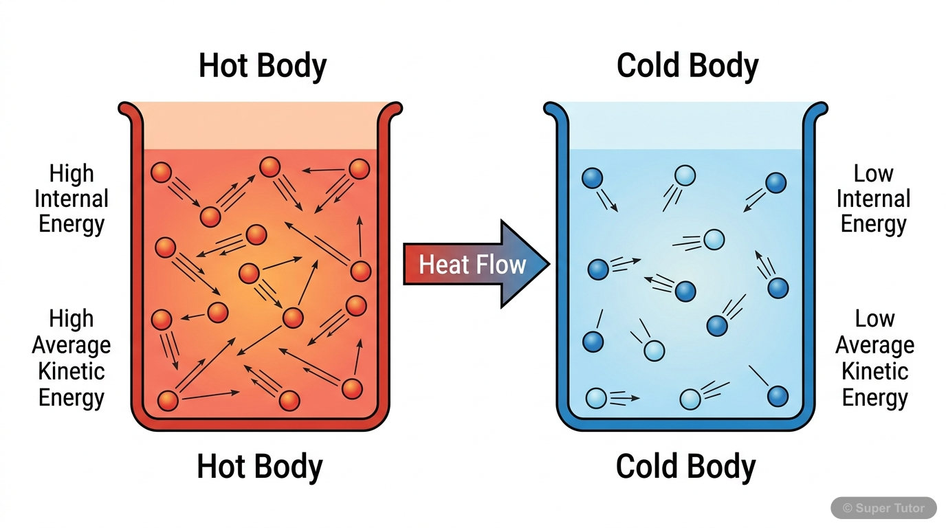 Heat vs. Temperature: Molecular Perspective A diagram illustrating the molecular motion in a hot body versus a cold body to explain the difference between heat (total internal energy) and temperature (average kinetic energy of molecules). It sh