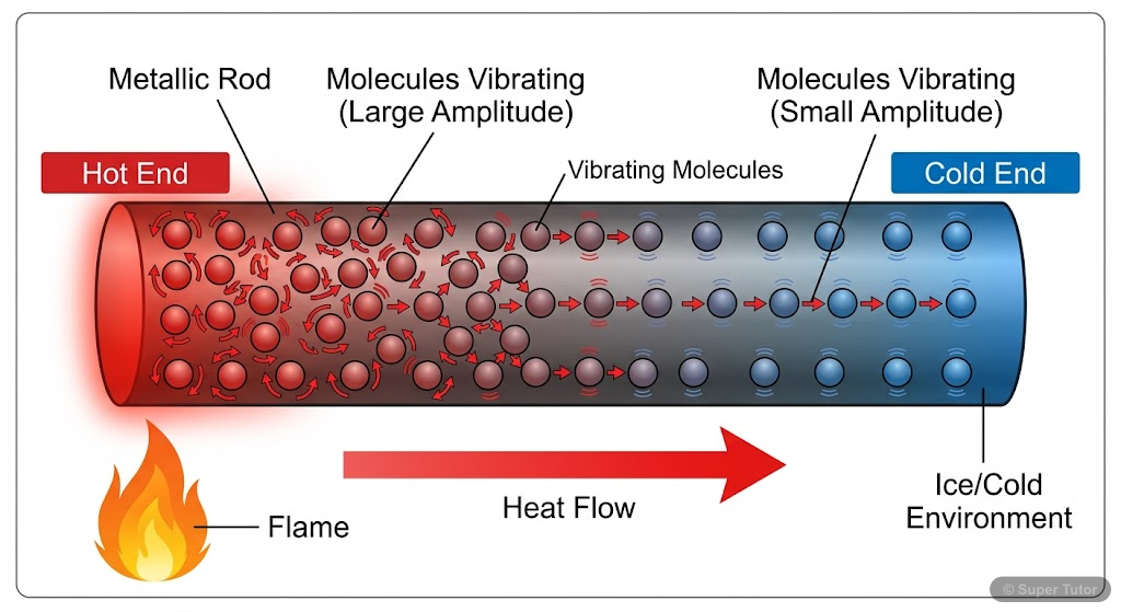 Heat Transfer by Conduction A diagram illustrating heat transfer through conduction in a solid material, showing molecular vibrations transferring energy along the material.