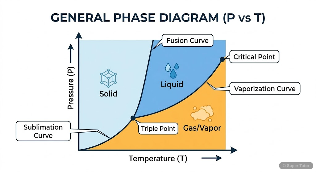 A pressure-temperature (P-T) phase diagram for water, showing the solid, liquid, and gas regions, the triple point, and critical point.