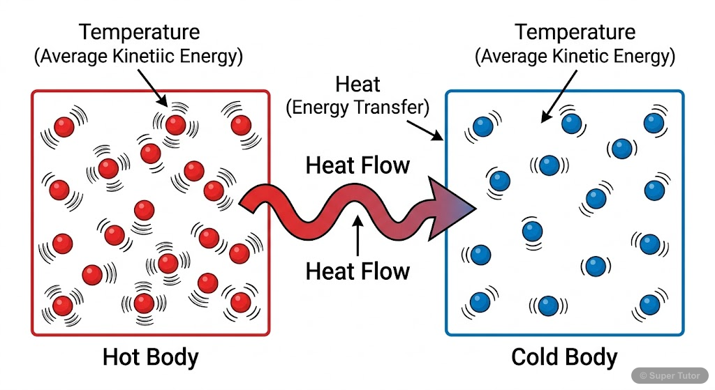An educational diagram illustrating the conceptual difference between temperature (average kinetic energy of molecules) and heat (energy transfer). Show molecules in a hot body vibrating vigorously an