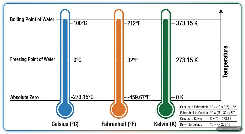 A comparison chart showing the Celsius, Fahrenheit, and Kelvin temperature scales side-by-side, highlighting their fixed points (freezing and boiling points of water) and absolute zero.
