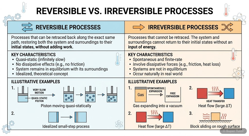 A comparison illustrating the key differences between reversible and irreversible thermodynamic processes, including examples.