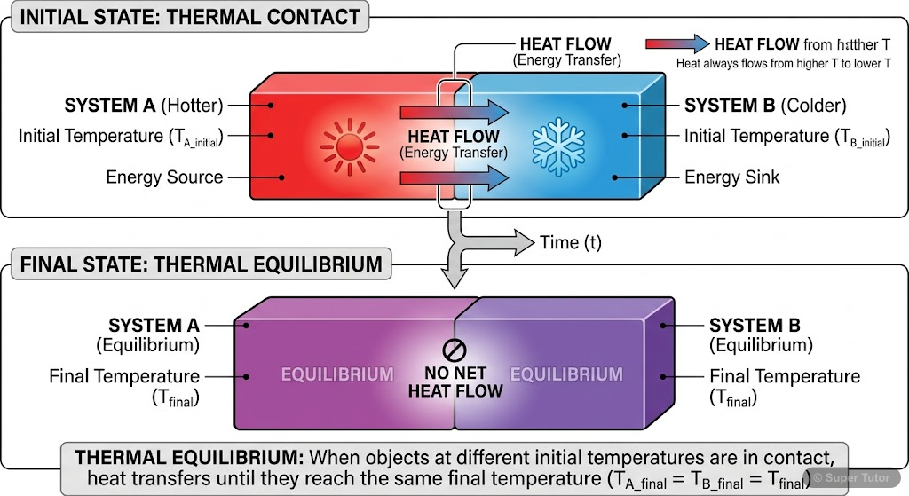 A diagram illustrating two systems (A and B) in thermal contact, showing heat transfer until they reach thermal equilibrium where there is no net heat flow and both systems are at the same temperature