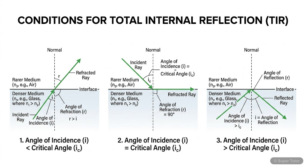 A series of diagrams showing light rays passing from a denser medium to a rarer medium. The first diagram shows refraction, the second shows the critical angle, and the third shows total internal refl
