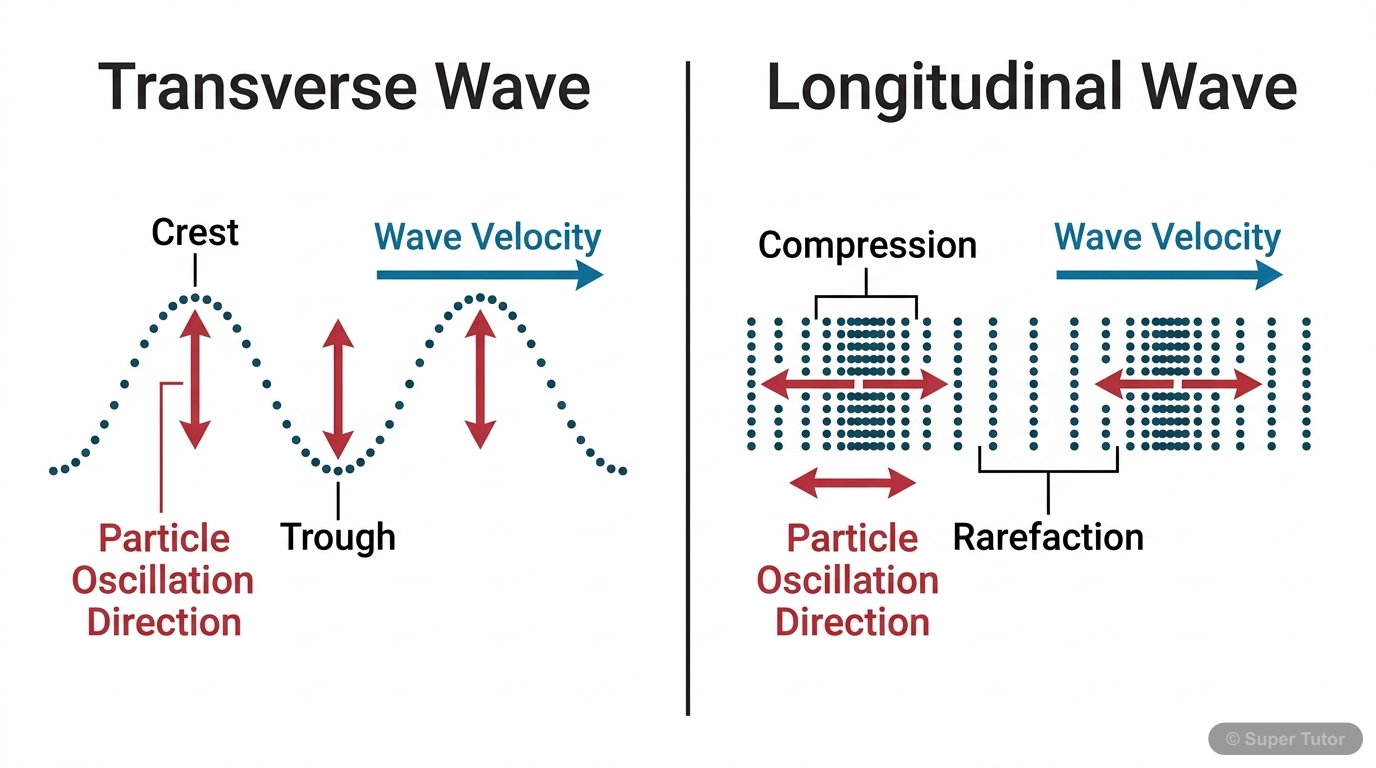A side-by-side diagram clearly illustrating the difference between transverse and longitudinal waves, showing the direction of particle oscillation relative to the direction of wave propagation for ea