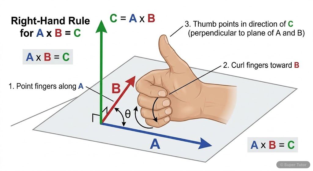 An illustration of the right-hand rule for determining the direction of the cross product of two vectors (A x B).