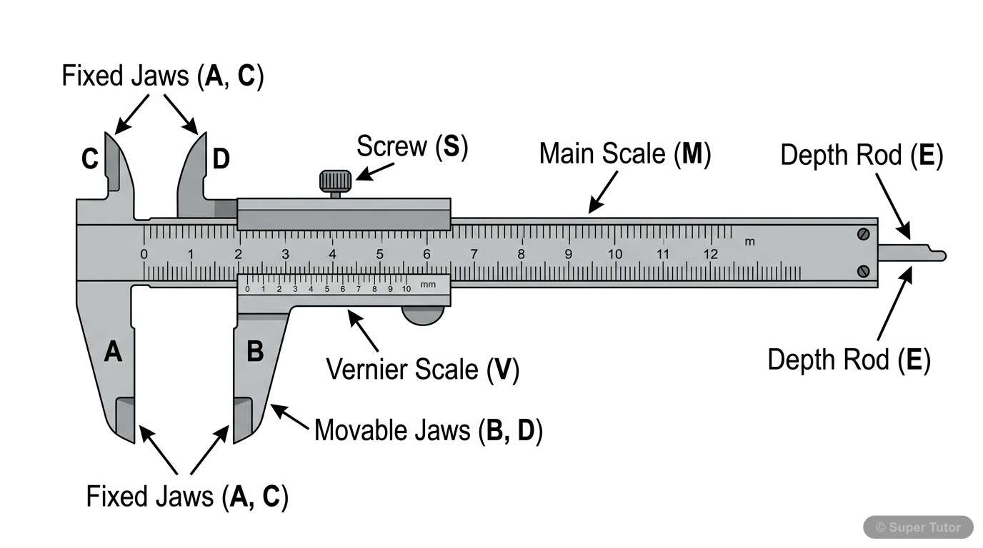 A detailed labeled diagram showing all the main components of a Vernier Callipers, including main scale, vernier scale, fixed jaws, movable jaws, and depth rod.