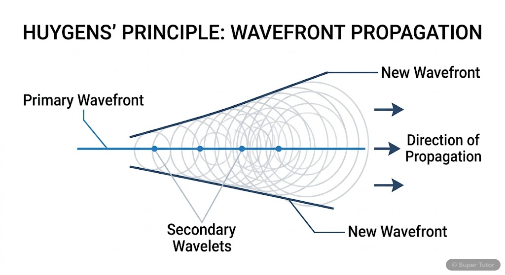 Illustrates Huygens' principle, showing a primary wavefront and how each point on it acts as a source of secondary wavelets, forming a new wavefront.