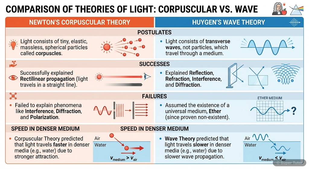 A comparative chart highlighting the key postulates, successes, and failures of Newton's Corpuscular Theory and Huygen's Wave Theory of light. Includes their predictions on light speed in denser media
