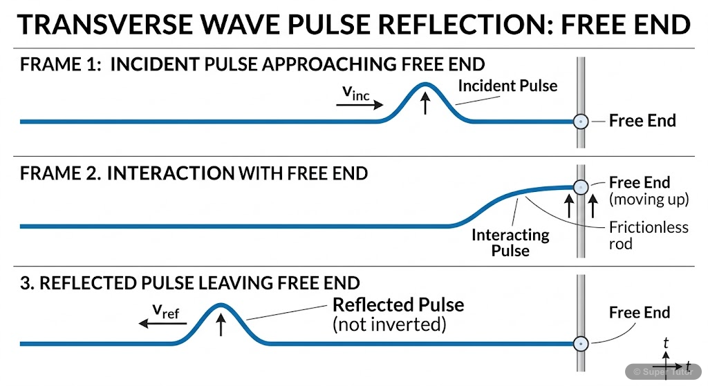 Reflection from a Free Boundary Illustrates a transverse wave pulse traveling along a string and reflecting from a free end. The reflected pulse is shown with no phase change (not inverted) compared to the incident pulse.