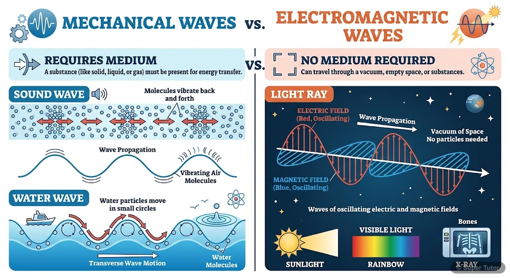 A comparison showing the key differences between mechanical waves (requiring a medium, e.g., sound, water waves) and electromagnetic waves (not requiring a medium, e.g., light, radio waves). Include e