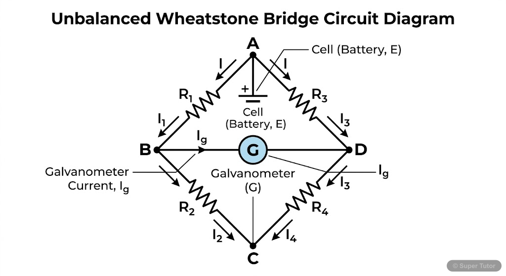 A labeled circuit diagram of a Wheatstone bridge, showing four resistors, a battery arm, and a galvanometer arm, highlighting the points for balance condition.