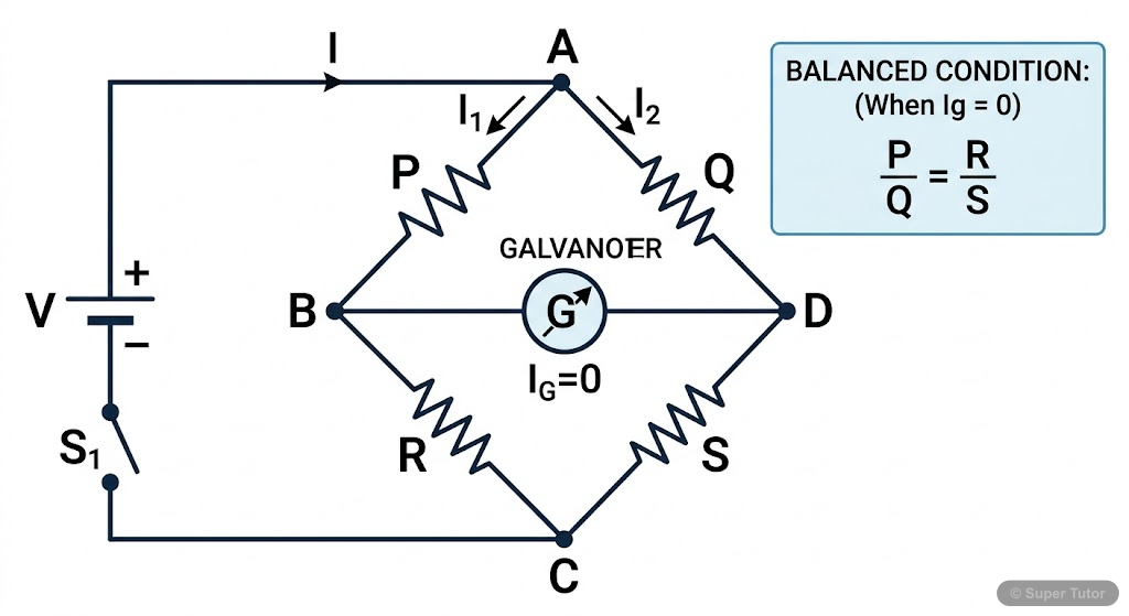 Wheatstone Bridge Circuit A standard circuit diagram of a Wheatstone bridge, showing four resistors, a galvanometer, and a battery, highlighting the balanced condition.