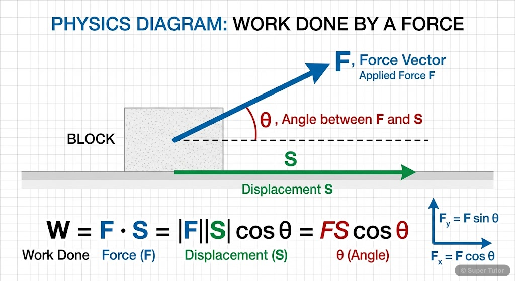 An illustration showing a block being pulled by a constant force F at an angle theta to the horizontal displacement S, with the formula W = F ⋅ S = FS cosθ.