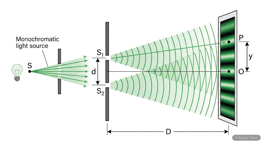 A detailed diagram of the Young's Double Slit Experiment (YDSE) setup, showing the single source, two slits, screen, and relevant distances (d, D, y).