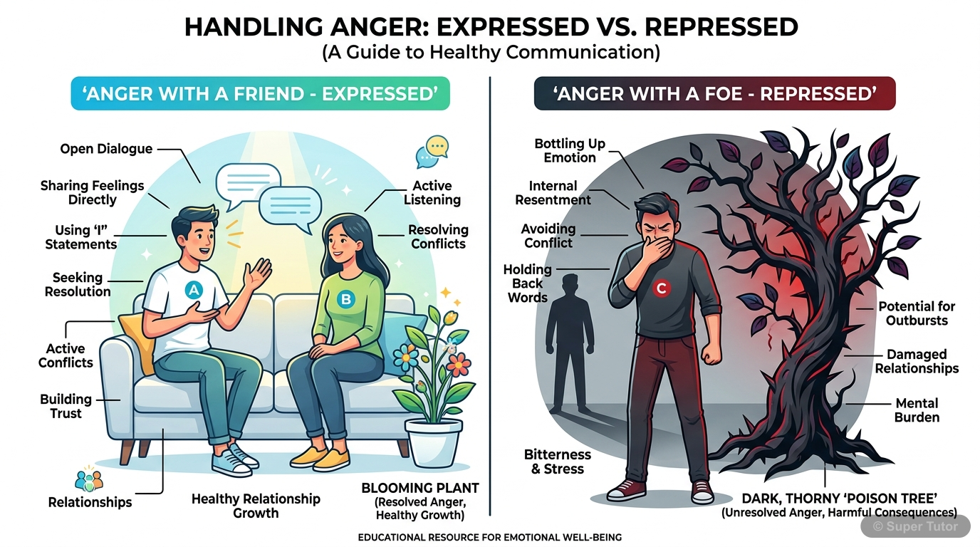Repressed vs. Expressed Anger An infographic illustrating the contrast between expressing anger to a friend (leading to resolution) and repressing anger towards a foe (leading to destructive growth), using a visual metaphor of a h