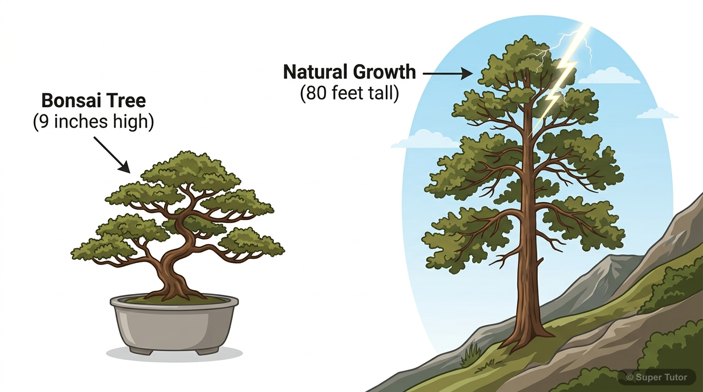 Bonsai Tree vs. Natural Tree Growth A visual comparison showing a bonsai tree in a pot next to a large, naturally grown tree of the same species, illustrating the stunted growth of the bonsai due to human intervention versus its potenti