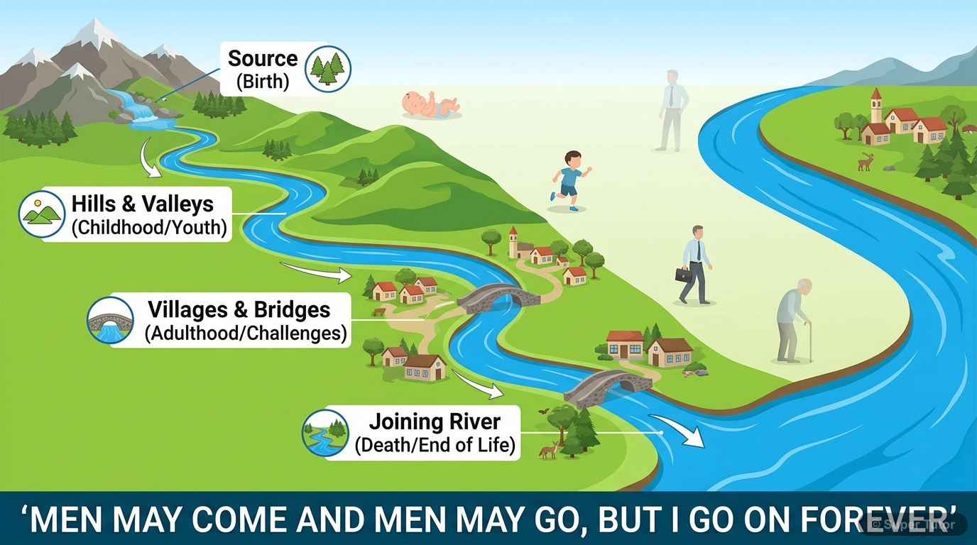 An infographic illustrating the brook's journey from its source to the river, with parallel labels showing stages of human life from birth to death, emphasizing the 'continuity of nature vs. transienc