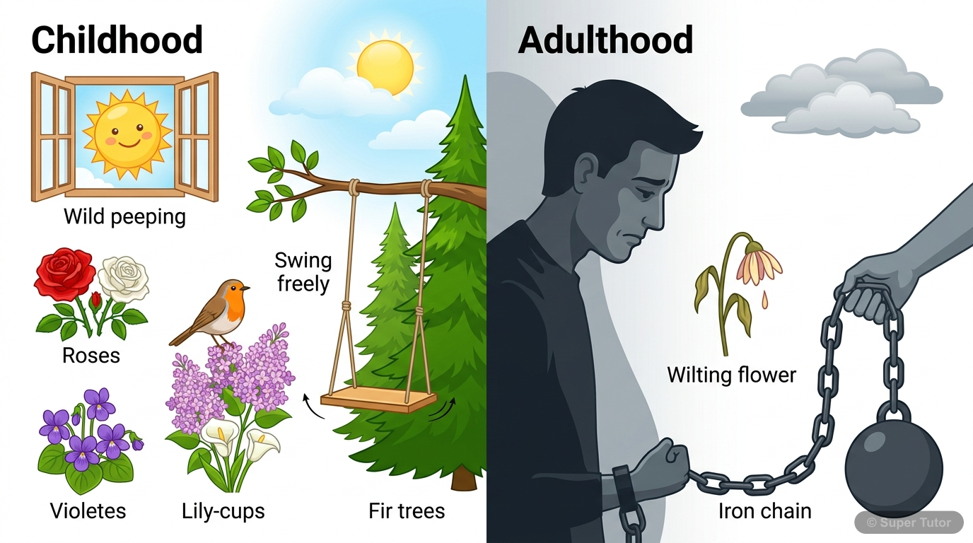 Childhood vs. Adulthood Contrast An infographic illustrating the stark contrast between the joyful, carefree memories of childhood and the heavy, disillusioned reality of adulthood as depicted in the poem. One side shows elements of