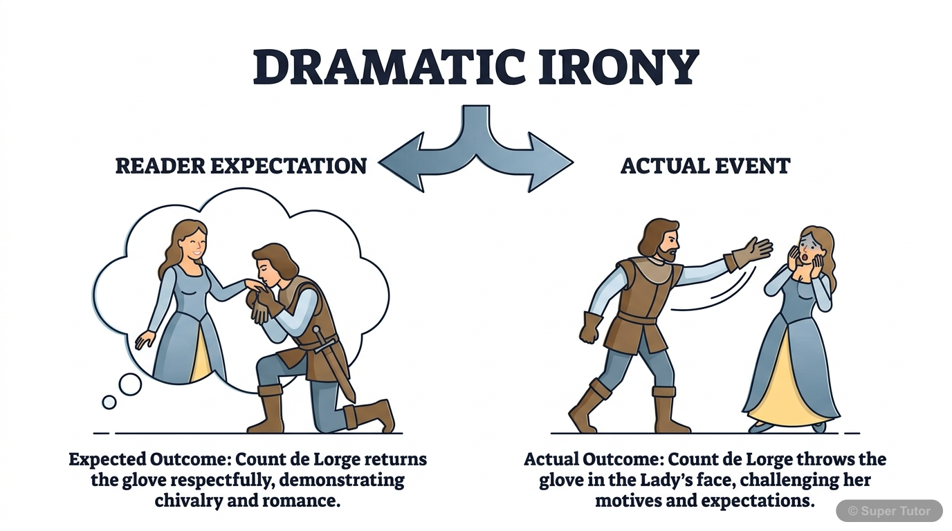 Dramatic Irony in 'The Glove and the Lions' An infographic explaining dramatic irony using the contrast between the reader's expectation of the Count's return and his actual action of throwing the glove.