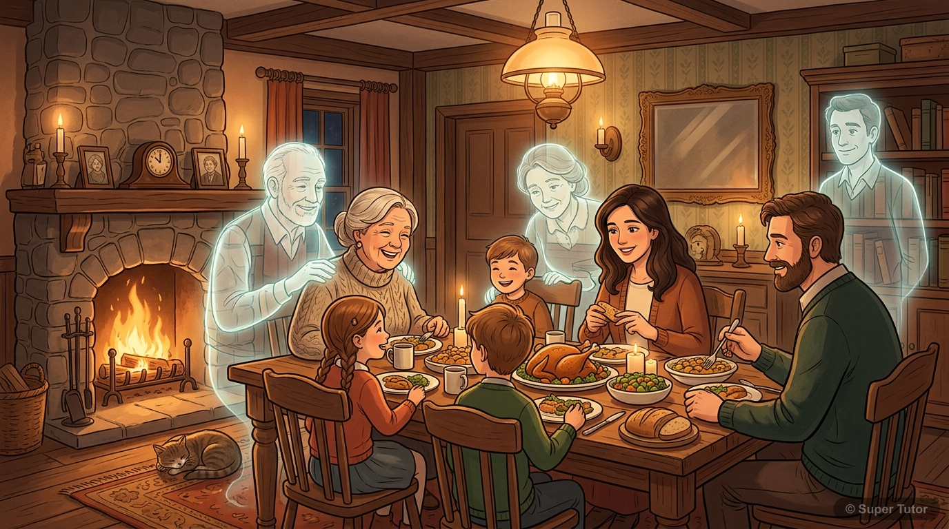 Haunted House as a Metaphor for Memory An illustration depicting a cozy, inviting house where translucent, gentle 'ghosts' (representing memories or departed loved ones) are subtly integrated into daily scenes, such as sitting at a dinner