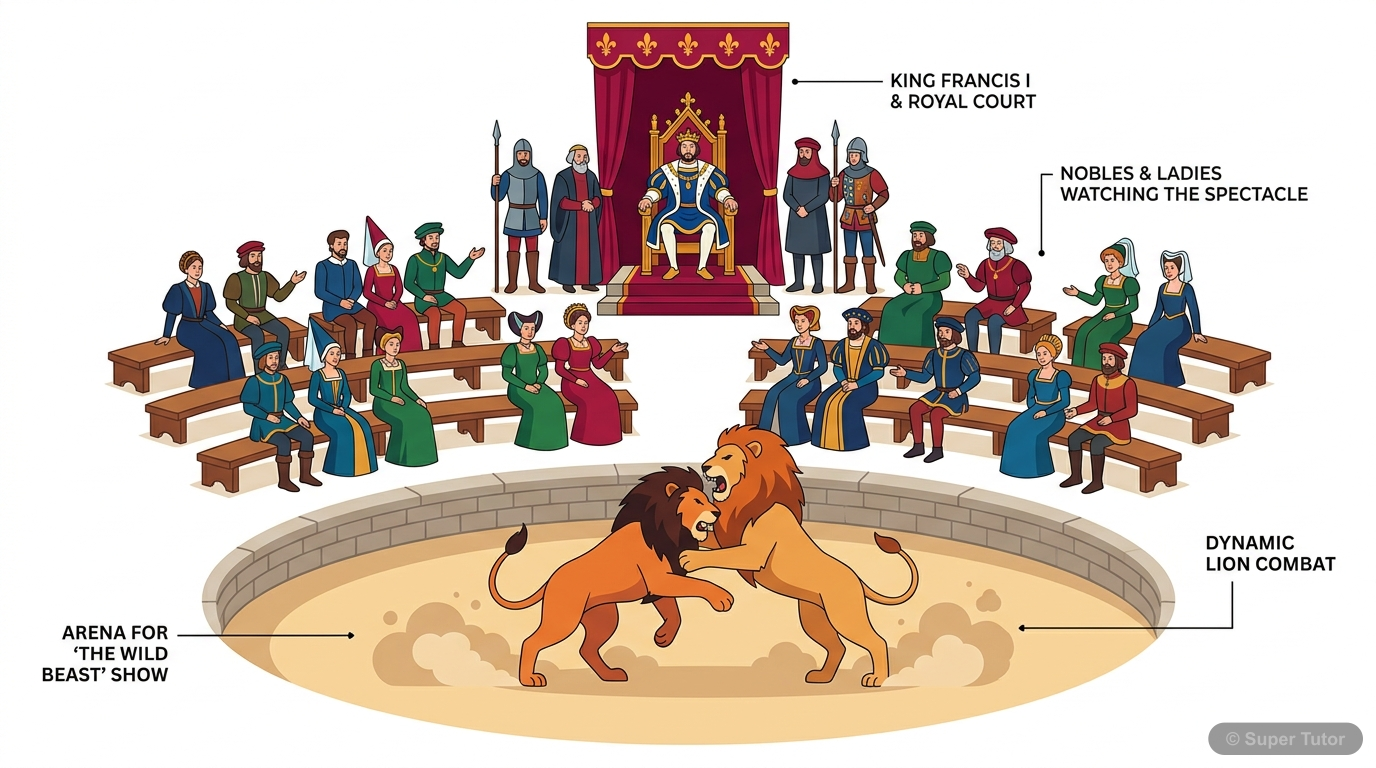 An illustration depicting King Francis, nobles, and ladies watching a lion fight in a medieval royal court setting, with a pit of lions below.