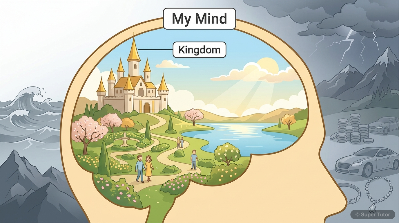 An illustration depicting a human head or brain as a majestic, serene kingdom, with elements like a crown, peaceful landscapes, and a sense of inner tranquility, contrasting with external worldly chao