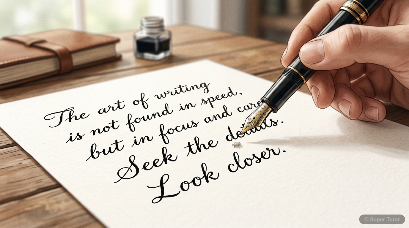 An illustration depicting a tiny mite on a white sheet of paper with handwritten text, with a pen poised above it, capturing the initial scene of the poem.
