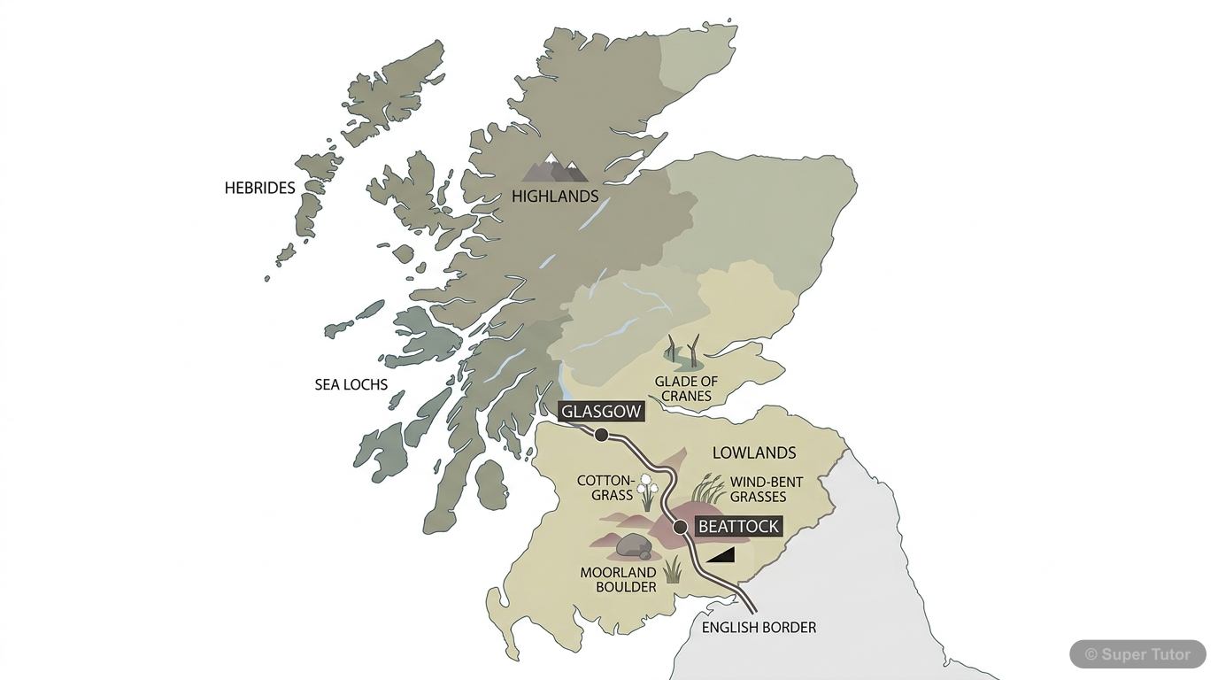 Night Mail Train Journey Map An infographic map illustrating the journey of the Night Mail train from crossing the border, climbing Beattock, and descending towards Glasgow, highlighting key geographical features mentioned in the