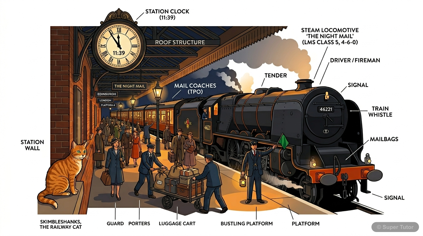 Night Mail Train Departure An illustration of a classic British Night Mail train at a station platform, ready for departure, with Skimbleshanks the cat observing from a prominent position.
