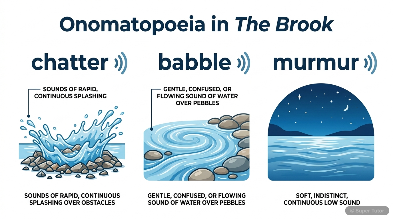 Onomatopoeia in 'The Brook' An infographic showing examples of onomatopoeic words from the poem ('chatter', 'babble', 'murmur') alongside visual representations of the sounds they describe, helping students understand the audito