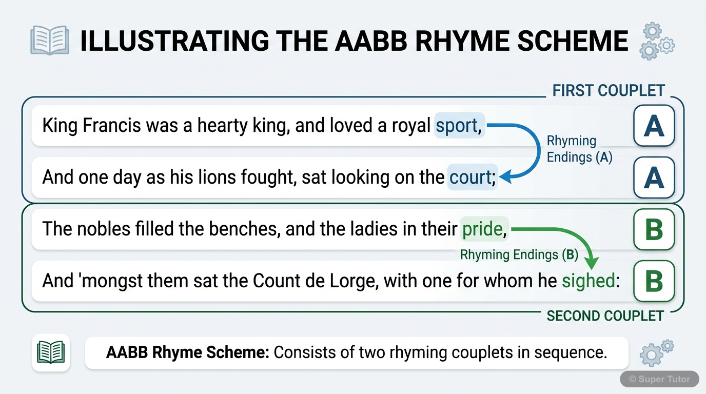Rhyming Couplets Structure A diagram illustrating the AABB rhyme scheme of rhyming couplets, using lines from 'The Glove and the Lions' as examples.