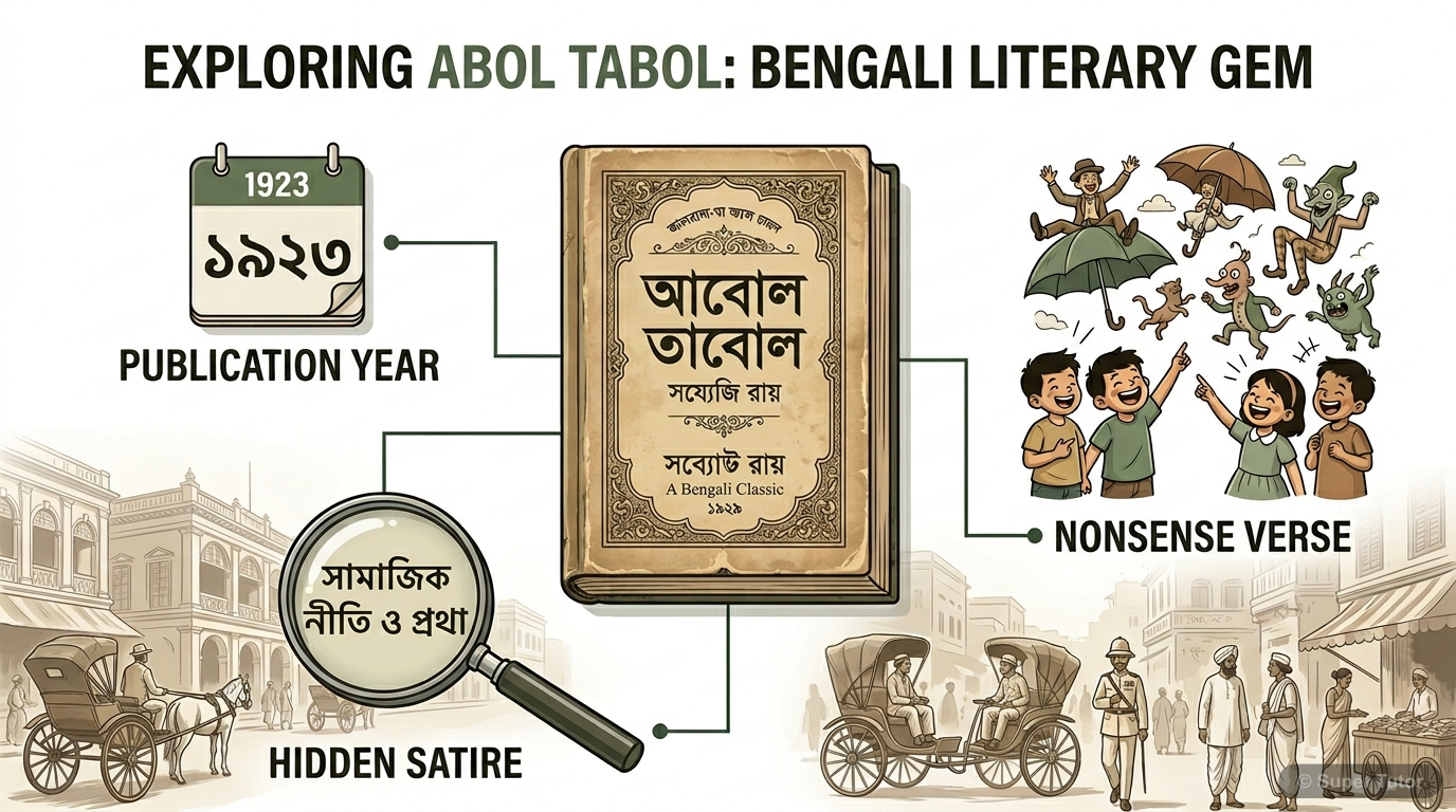 An infographic illustrating the context of Sukumar Ray's 'Abol Tabol' collection, showing its publication date, its nature as nonsense verse for children, and its hidden satire of early 20th-century c