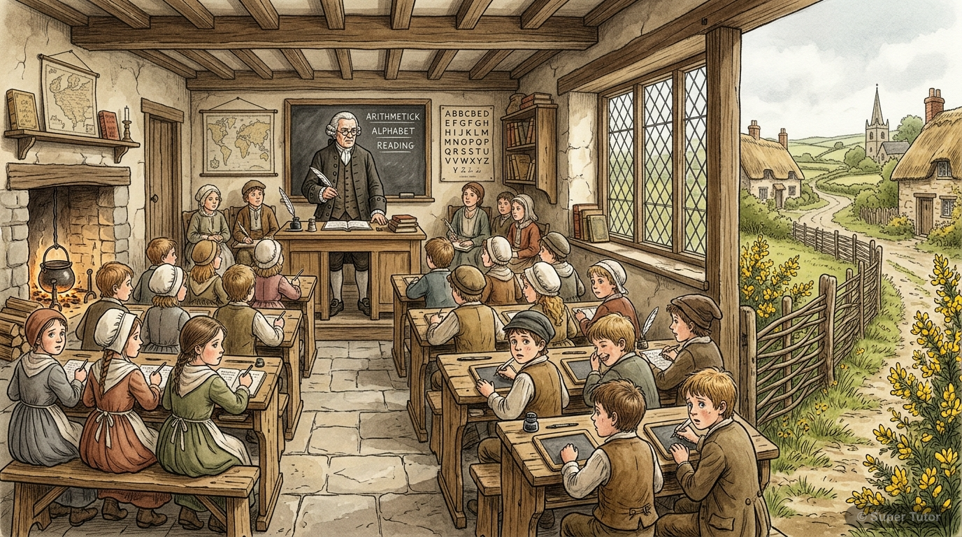 Village School Scene An illustration depicting a traditional village school scene with a stern but respected schoolmaster teaching children, set in a rural English village with a straggling fence and furze blossoms.