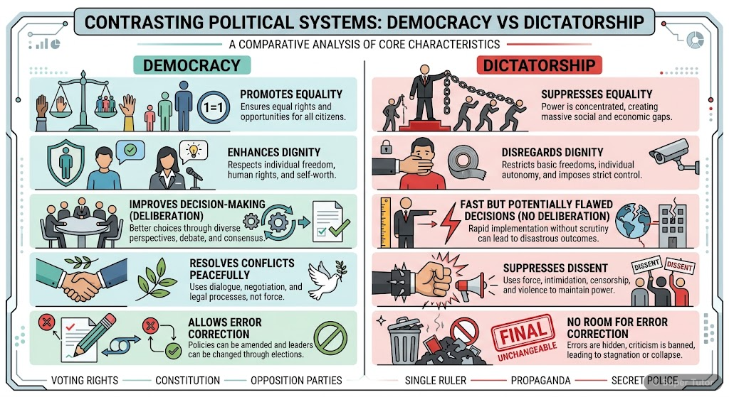 A comparison table or infographic highlighting the fundamental differences between democratic and dictatorial forms of government, focusing on aspects like equality, dignity, decision-making, conflict
