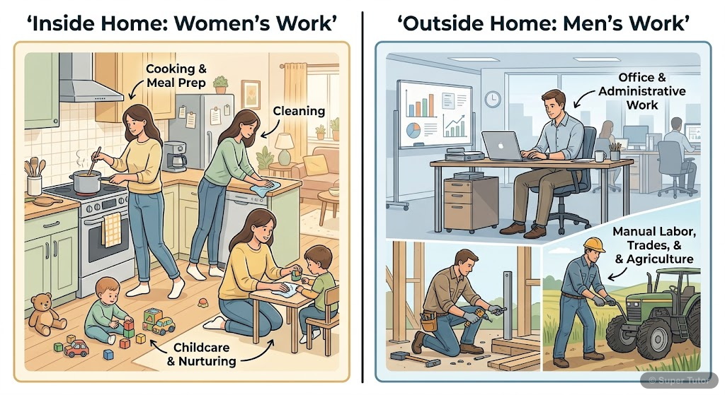 An illustration showing the traditional sexual division of labour, with women primarily engaged in household chores and childcare, and men primarily engaged in work outside the home.