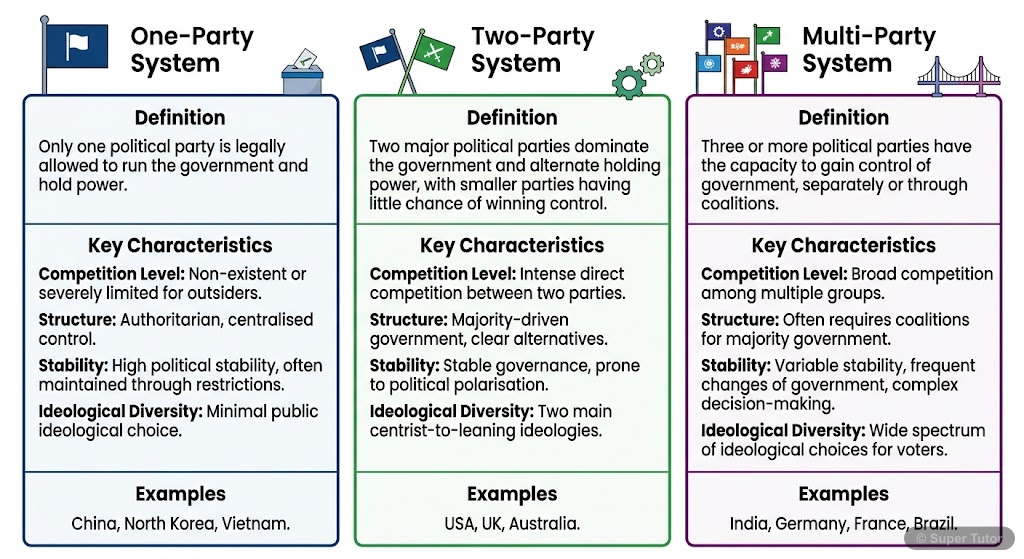 Types of Party Systems A comparison chart illustrating and defining one-party, two-party, and multi-party systems with examples.