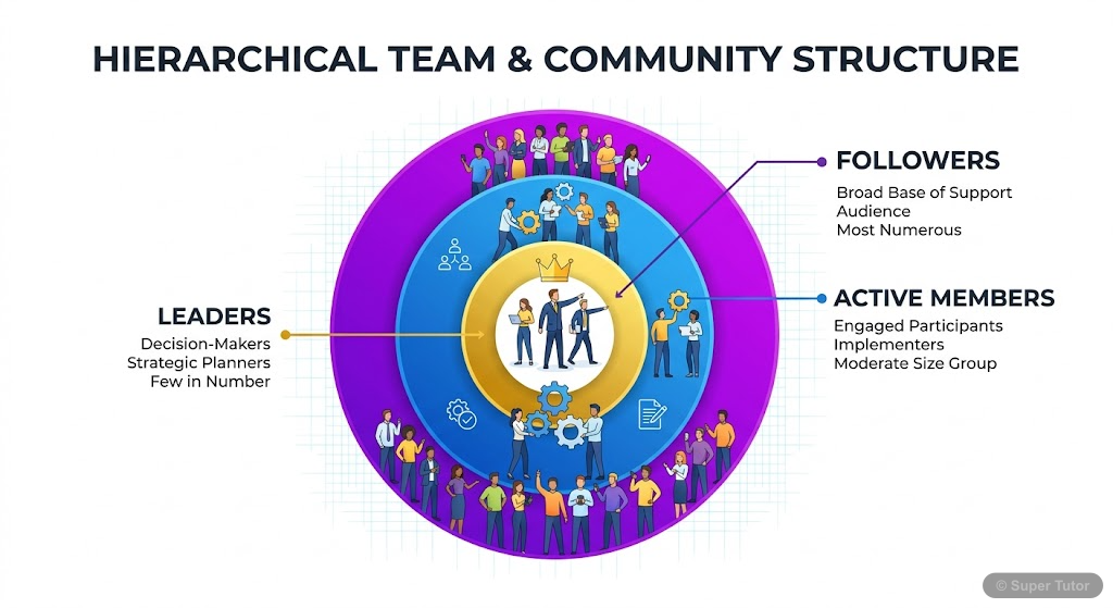 A diagram illustrating the three main components of a political party: leaders, active members, and followers, showing their hierarchical or interconnected relationship.
