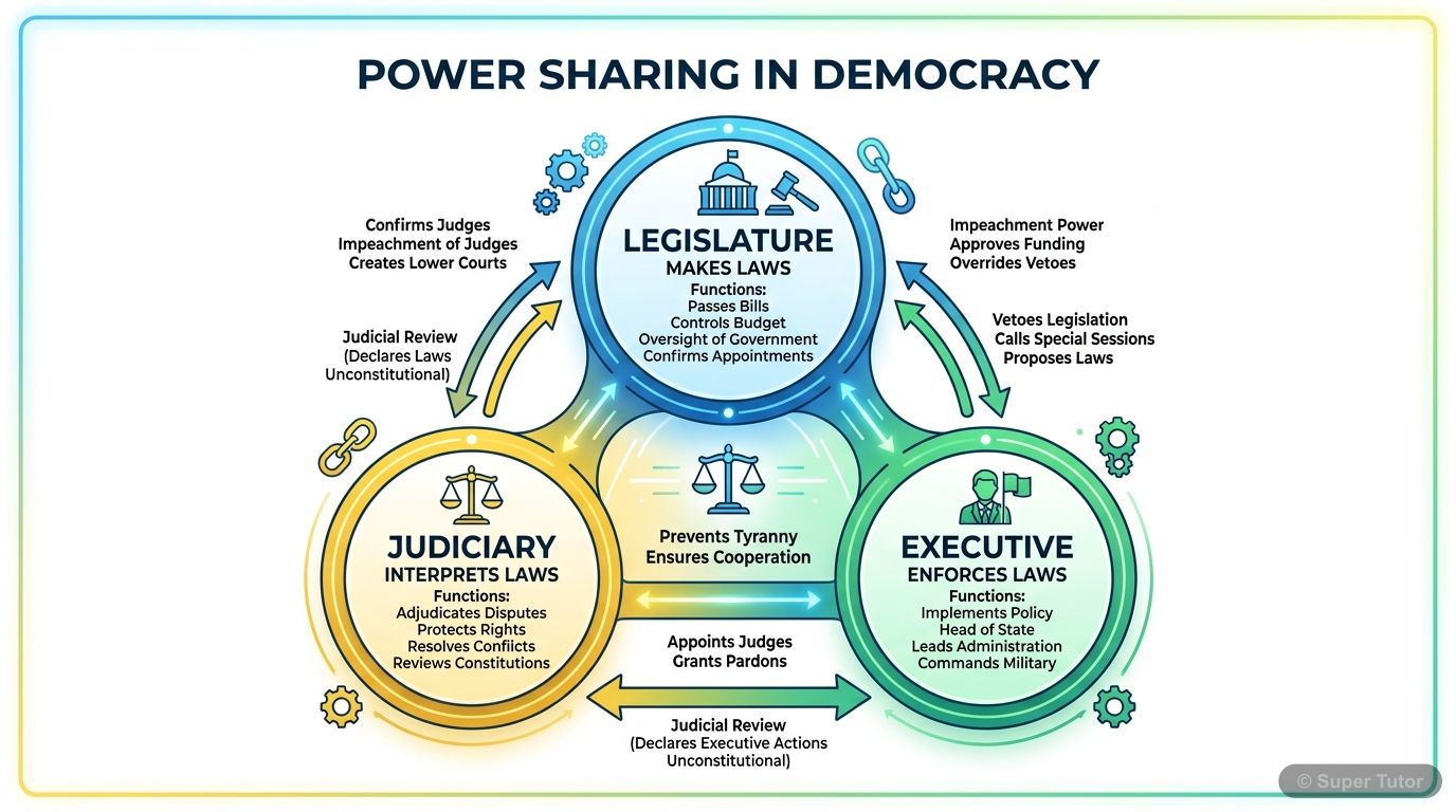 An infographic illustrating the core idea of power sharing among different organs of government (legislature, executive, judiciary) in a democracy, setting the stage for the chapter.
