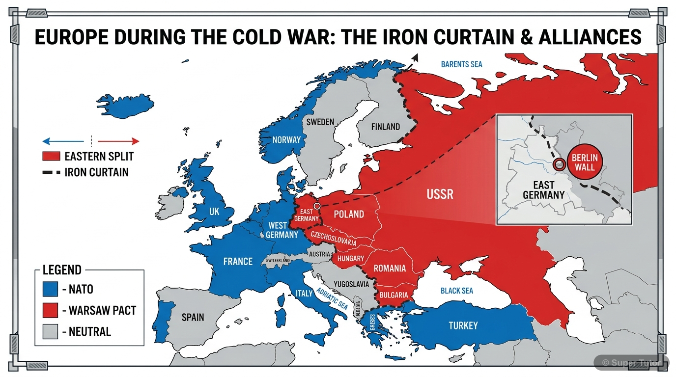 A map illustrating the division of Europe during the Cold War, highlighting the Iron Curtain, the Berlin Wall, and the two major blocs (NATO and Warsaw Pact).