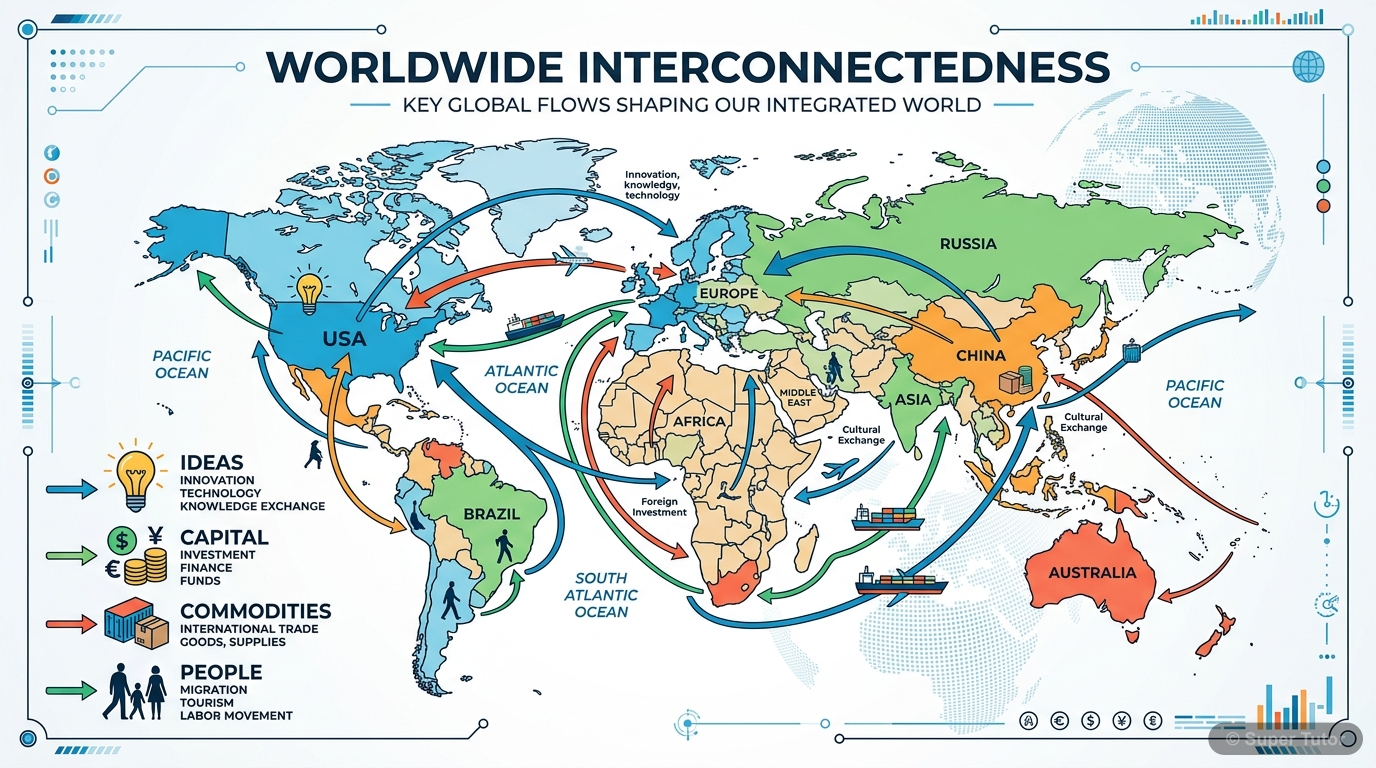An infographic illustrating the core concept of globalization, showing interconnectedness through flows of ideas, capital, commodities, and people across the world.