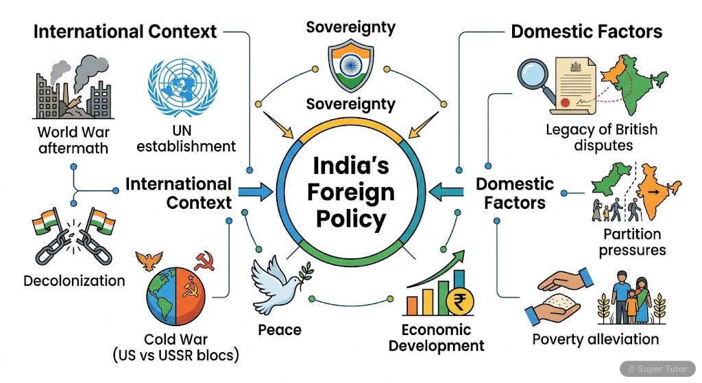 A diagram illustrating the various internal (domestic) and external (international) factors that shaped India's foreign policy immediately after independence.
