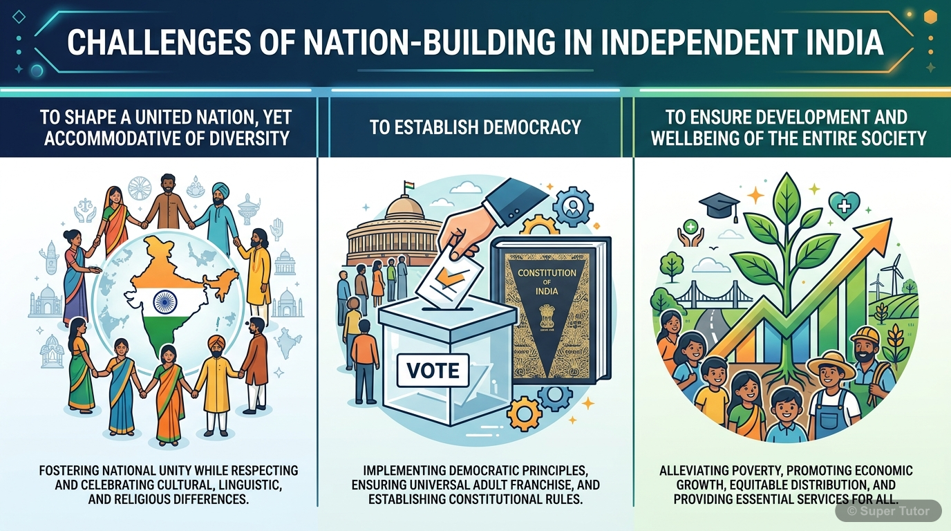 An infographic illustrating the three main challenges faced by independent India: shaping a united nation, establishing democracy, and ensuring development and wellbeing for all. Each challenge should
