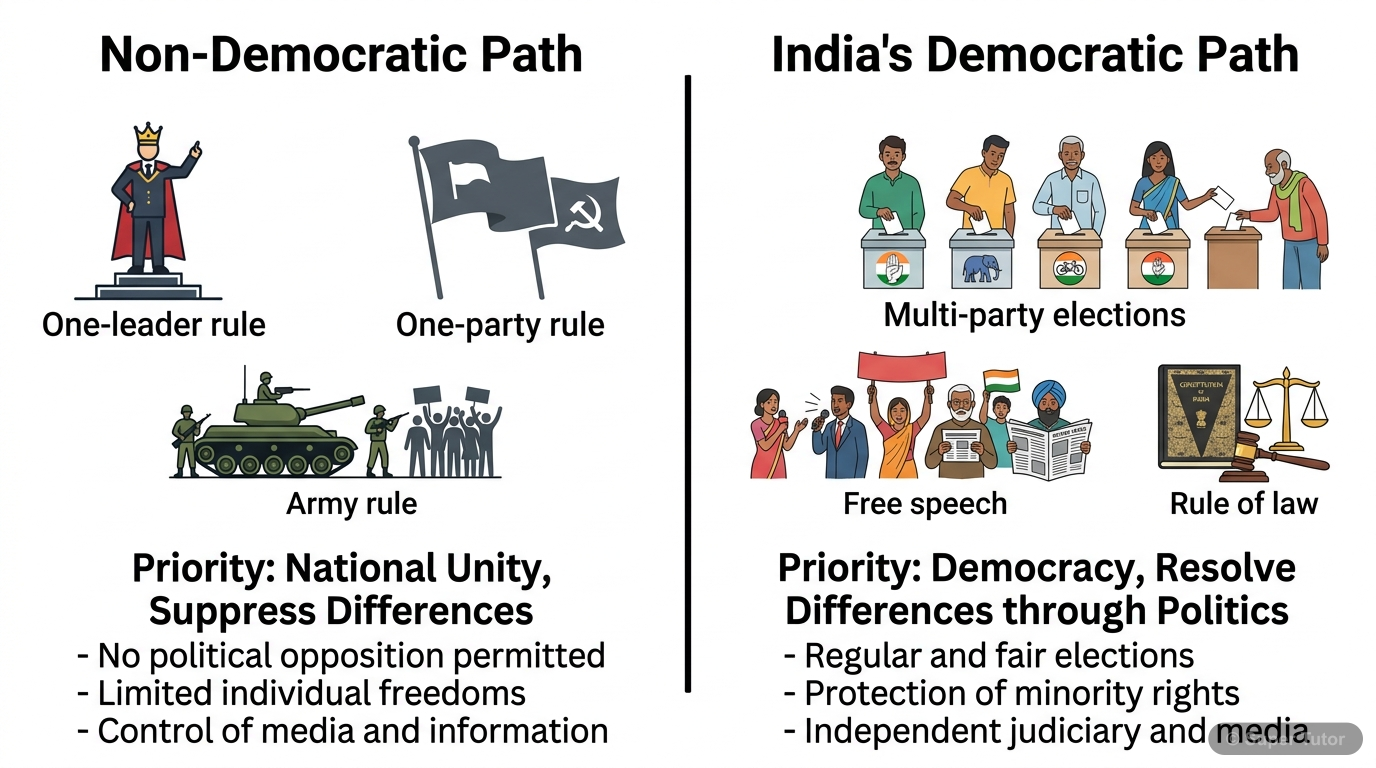 India's Democratic Path vs. Other Newly Independent Nations A comparison illustrating the different paths taken by newly independent countries after colonialism: some chose non-democratic rule for national unity, while India chose democracy despite similar cha