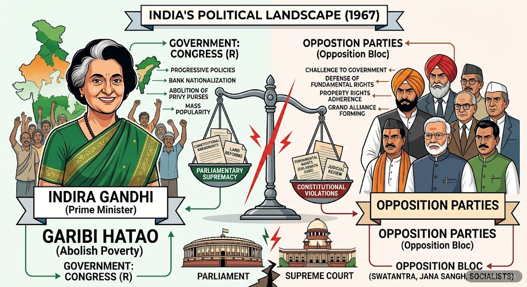 Indian Politics: 1967 Onwards - Polarization and Tensions An infographic illustrating the key political developments and tensions in India from 1967, including Indira Gandhi's rise, bitter party competition, and judiciary-government conflicts.