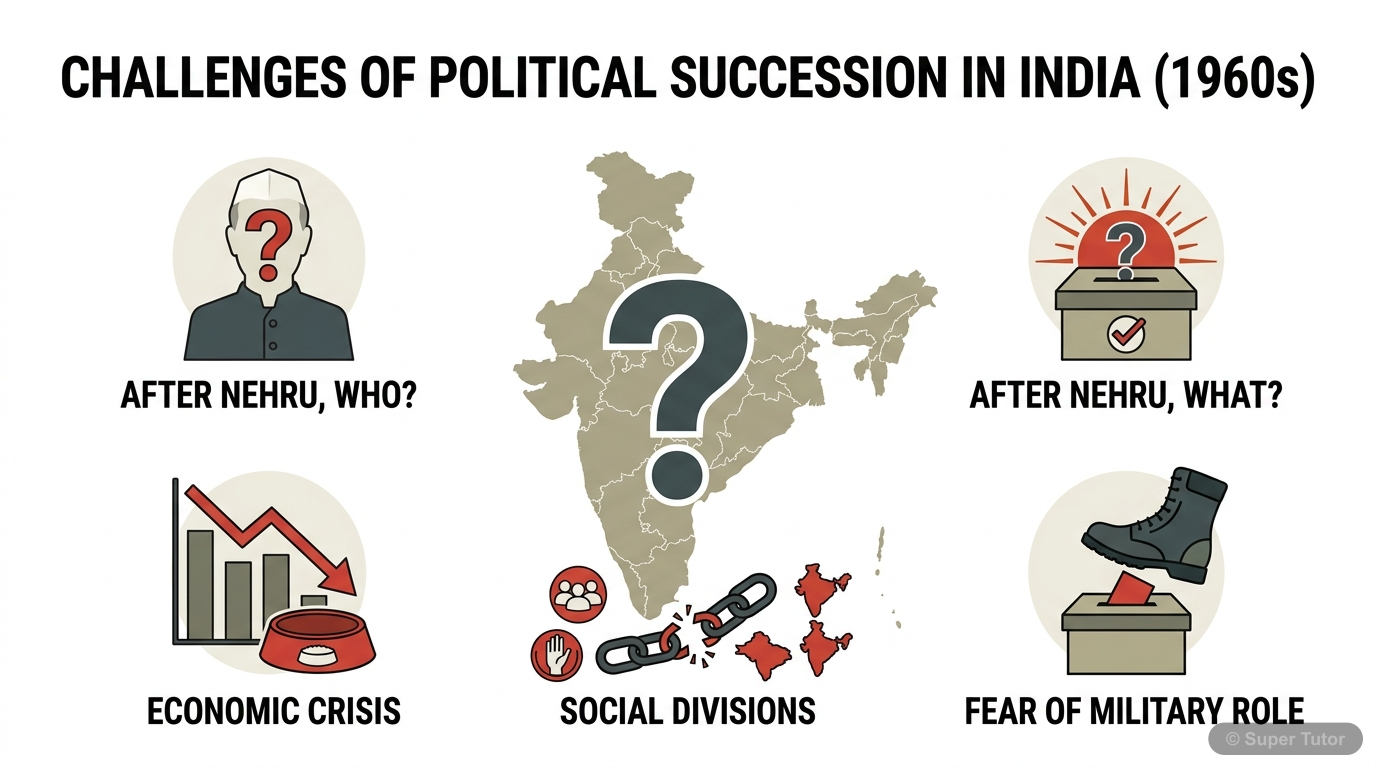 Challenges of Political Succession in India (1960s) An infographic illustrating the key challenges faced by India's democracy after Nehru's death, including doubts about democratic survival, economic crises, and social divisions, leading to the 'danger