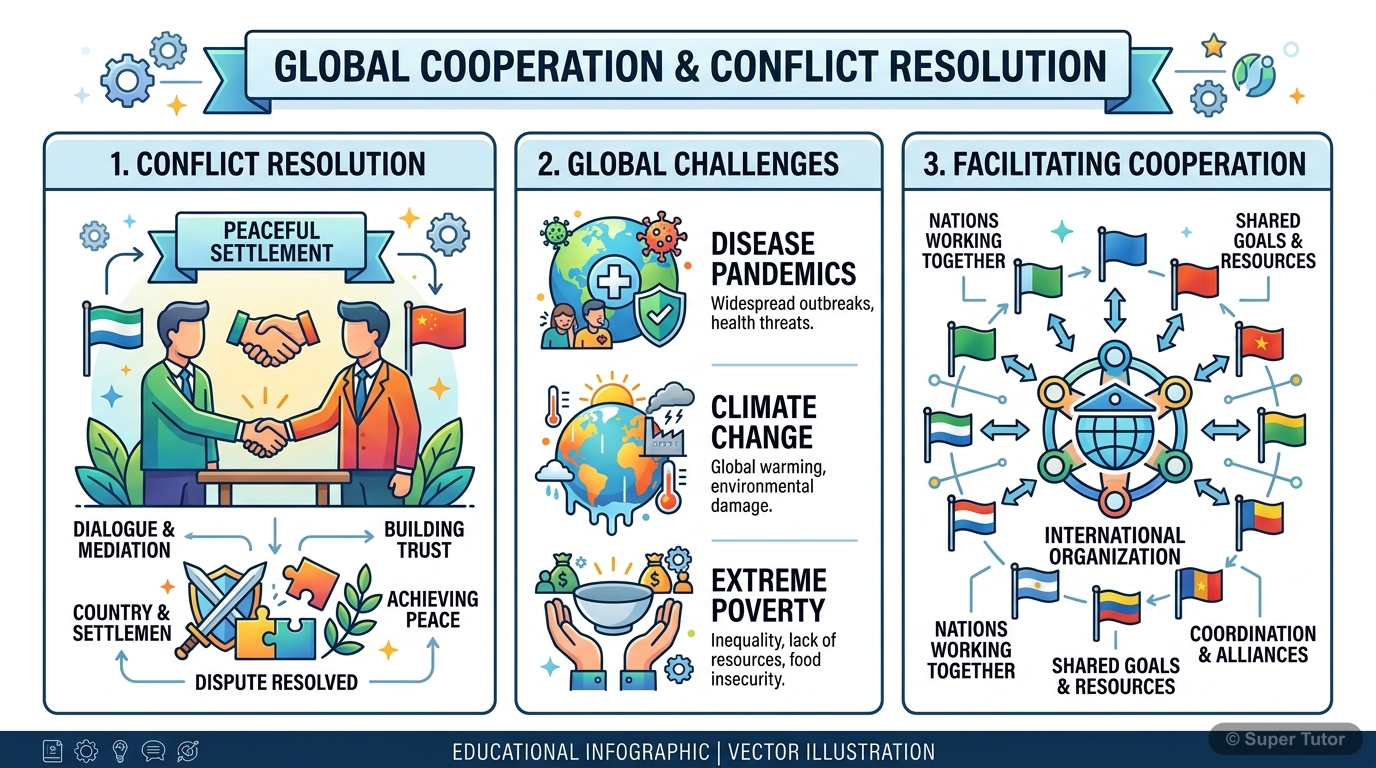 An infographic illustrating the key reasons why international organizations like the UN are necessary, including conflict resolution, cooperation on global challenges (disease, climate change), and fa